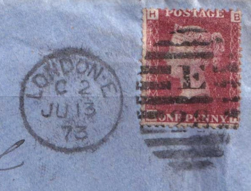 Postmark of London E 28 Numeral Duplex 1873